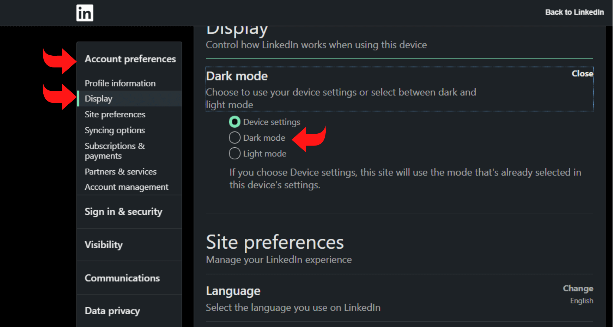 linkedin dark mode pc