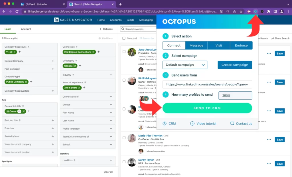 linkedin sales navigator filters in octopus crm