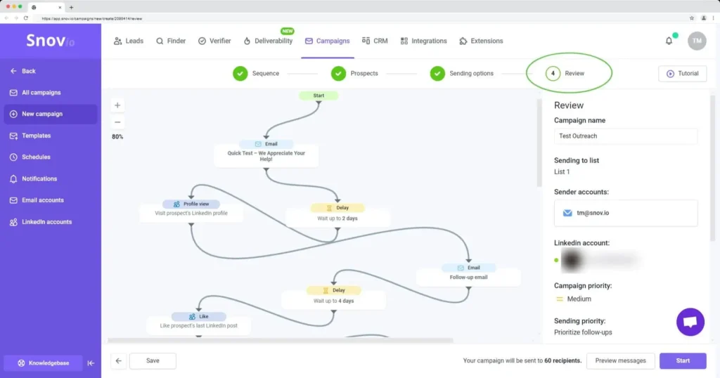 Snov.io interface funnel